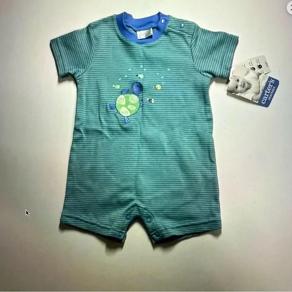 New Vintage Carter's Blue and Green baby‎ romper with turtle design
